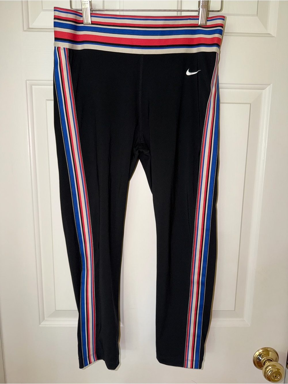 Nike Pro Dri-FIT Womens Black Striped Waistband Ankle Leggings Size L Colorful